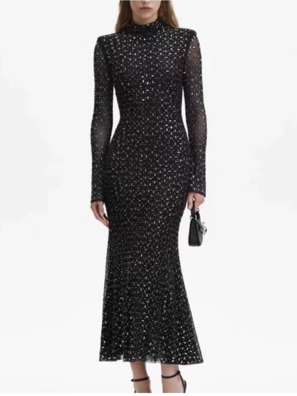 Self-Portrait Black Sequined Long-Sleeve Midi Dress